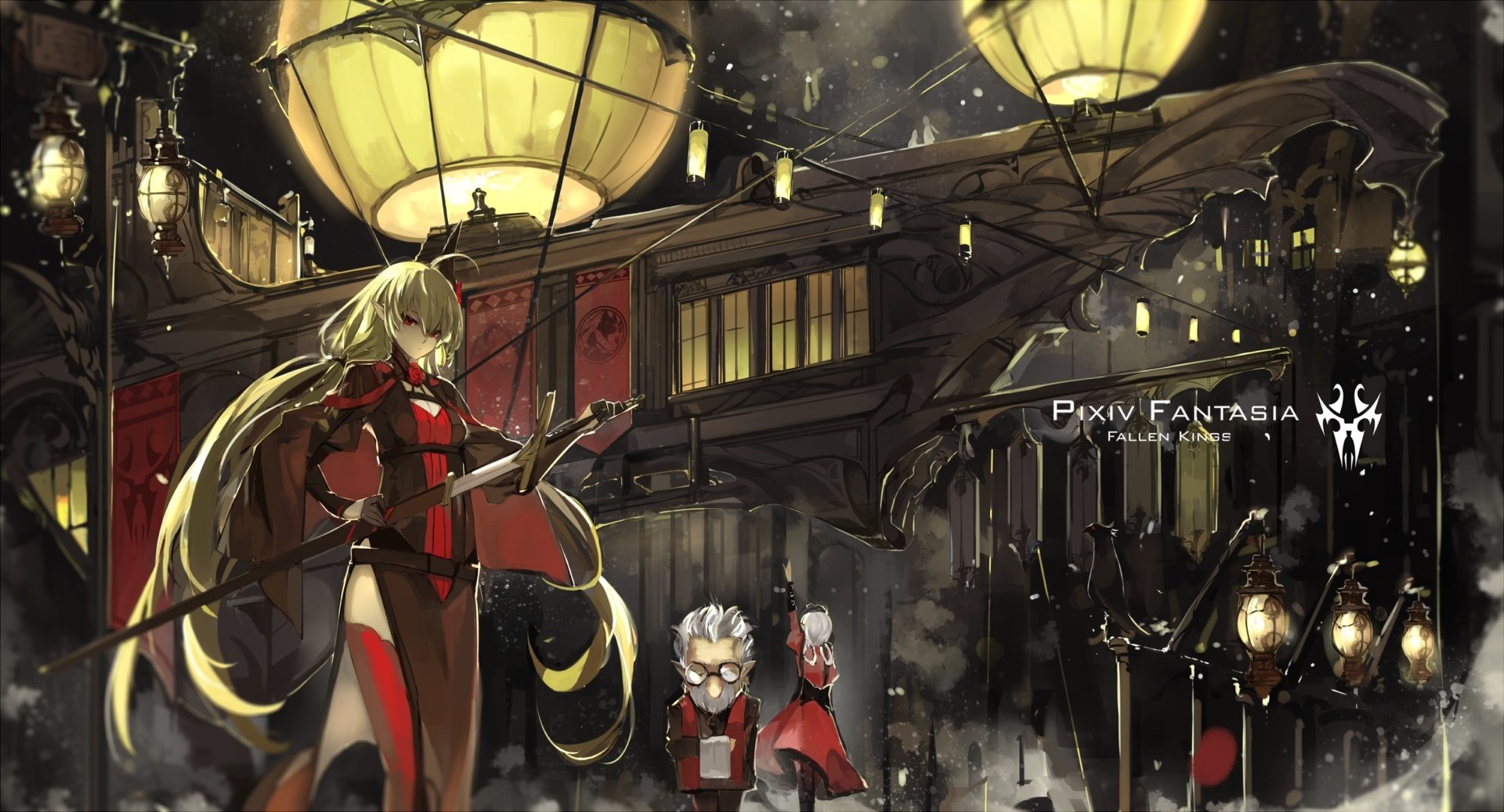 Anime scene featuring a blonde character with long hair and red eyes, wielding a sword in a vibrant, atmospheric setting from Pixiv Fantasia: Fallen Kings. HD desktop wallpaper.