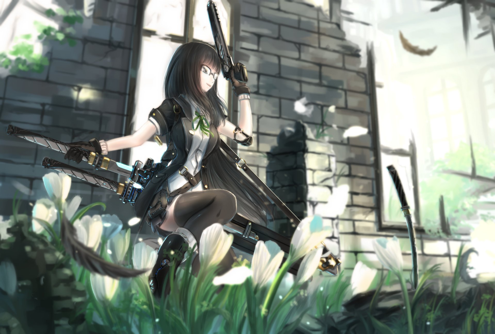 A character with long black hair wields a katana, surrounded by flowers in a sunlit, abandoned building. This original anime artwork serves as a striking HD desktop wallpaper.
