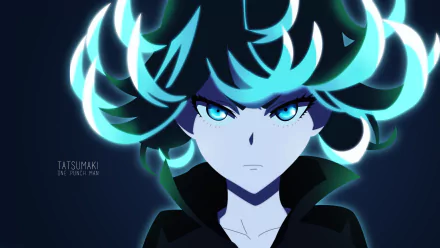 HD desktop wallpaper of Tatsumaki from One-Punch Man, showcasing an intense, glowing appearance with a dark background. The image highlights her striking facial expression and vibrant, flowing hair.