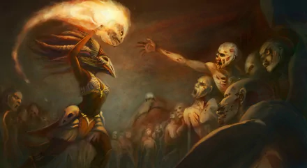 Dark, intense Diablo III Witch Doctor summons fiery skulls amid undead, capturing the game's hack and slash atmosphere in this HD PC desktop wallpaper.