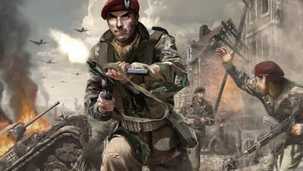 Call of Duty 3 video game HD PC desktop wallpaper/background: paratrooper in red beret charging through a bombed urban street amid wreckage, explosions and aircraft.