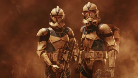 HD desktop wallpaper featuring two Clone Troopers in full armor standing together in a dusty, Sci-Fi Star Wars environment.