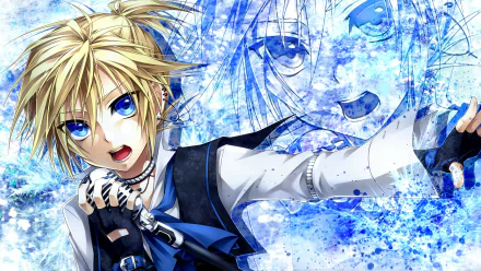 HD anime-style desktop wallpaper featuring Len Kagamine from Vocaloid with striking blue eyes and dynamic pose against a vivid blue abstract background.