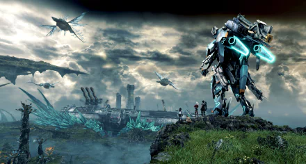 HD wallpaper from Xenoblade Chronicles X featuring characters and a mech on a lush alien planet with a dramatic sky.