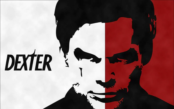 HD PC desktop wallpaper featuring a stylized black, white, and red portrait of Dexter from the TV show Dexter with the show's title beside the image.