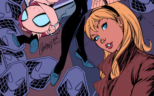 4K Ultra HD comic-style Spider-Gwen desktop wallpaper featuring dynamic poses and vibrant colors with a close-up of a blonde woman and multiple masked faces.