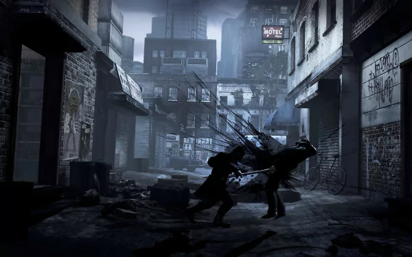 HD PC desktop wallpaper depicting a dark, post-apocalyptic urban scene from the video game Deadlight, featuring a shadowy figure fighting off a zombie in a ruined alley.