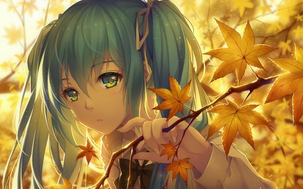 Anime Vocaloid Hatsune Miku Blue Hair Fall Blue Eyes Twintails Leaf bow Long Hair HD Wallpaper | Background Image