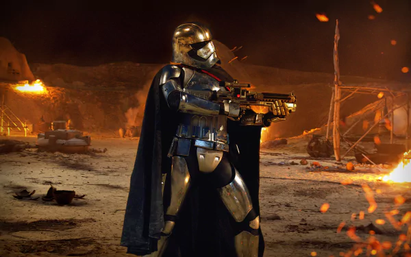 Captain Phasma stands poised with a blaster in a fiery landscape from Star Wars Episode VII: The Force Awakens, showcasing a stunning 4K Ultra HD visual experience.