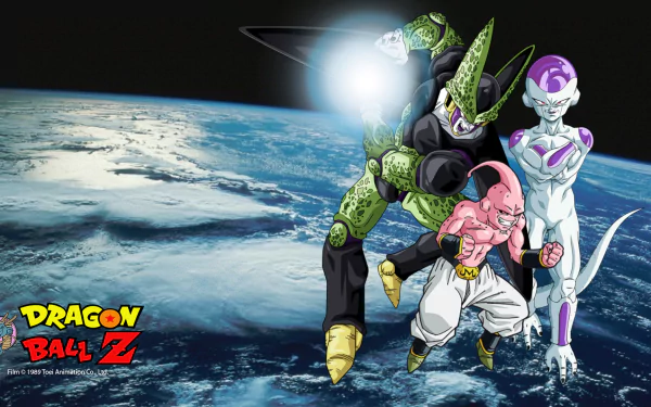 HD desktop wallpaper featuring Majin Buu, Cell, and Frieza from Dragon Ball Z, set against a backdrop of planet Earth. The Dragon Ball Z logo is displayed in the lower left corner.