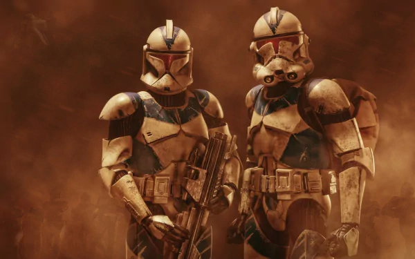 HD desktop wallpaper featuring two Clone Troopers in full armor standing together in a dusty, Sci-Fi Star Wars environment.