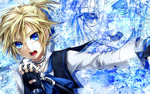 HD anime-style desktop wallpaper featuring Len Kagamine from Vocaloid with striking blue eyes and dynamic pose against a vivid blue abstract background.