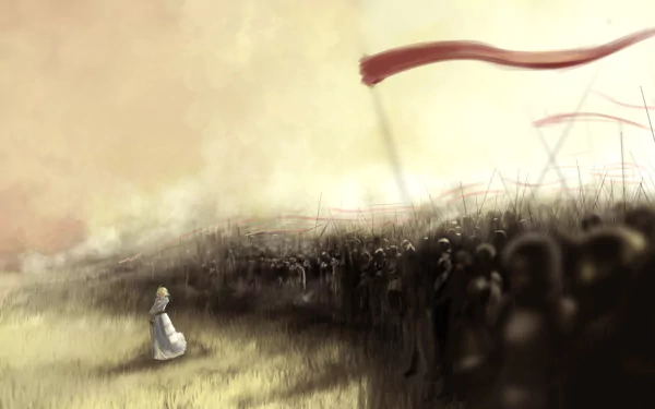 A woman warrior stands confidently amidst an army, embodying Saber from the Fate Series in this HD anime wallpaper, showcasing strength and resolve against a tumultuous backdrop.