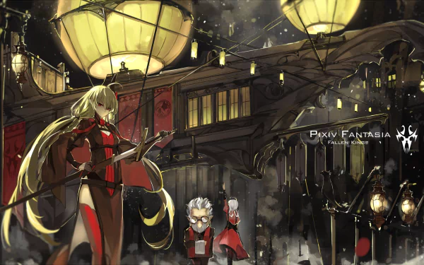 Anime scene featuring a blonde character with long hair and red eyes, wielding a sword in a vibrant, atmospheric setting from Pixiv Fantasia: Fallen Kings. HD desktop wallpaper.