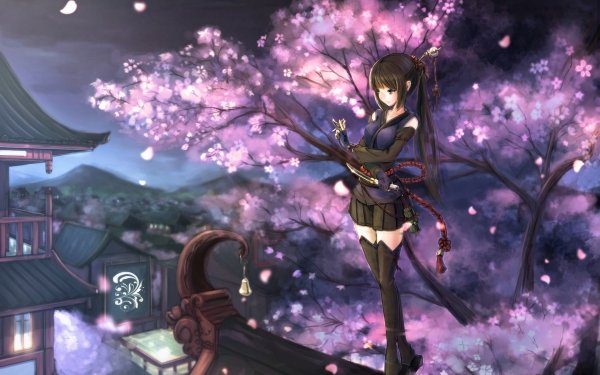 Anime Original Woman Warrior Sakura Blossom Long Hair Black Hair HD Wallpaper | Background Image