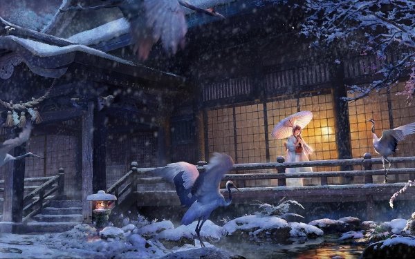 Anime Original Umbrella Winter Snow Kimono House Snowfall Stork HD Wallpaper | Background Image
