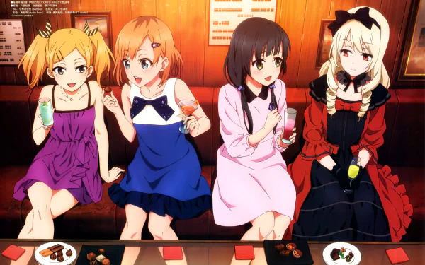 HD desktop wallpaper featuring characters from Shirobako enjoying a social gathering with drinks and snacks.