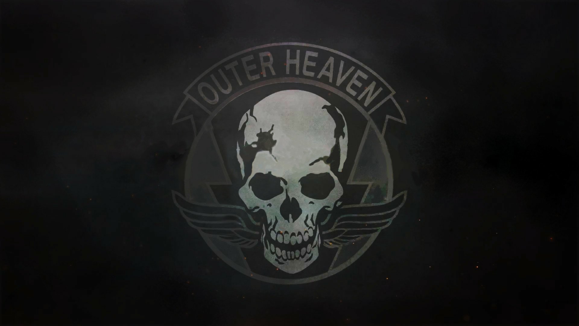 HD PC desktop wallpaper featuring the Outer Heaven skull emblem from the Metal Gear video game series against a dark, smoky background.