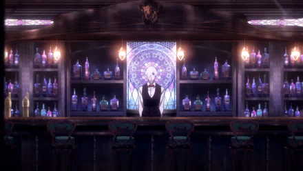 Anime character Decim from Death Parade stands behind a bar filled with bottles, with white hair and a formal outfit. The scene is set in a dimly lit bar with intricate, glowing decor in the background.