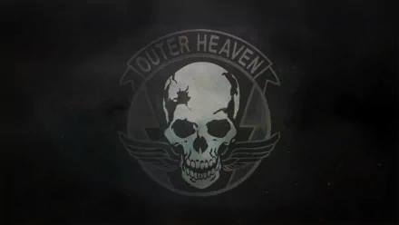 HD PC desktop wallpaper featuring the Outer Heaven skull emblem from the Metal Gear video game series against a dark, smoky background.