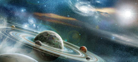 HD Sci-Fi wallpaper featuring a vivid galaxy with multiple planets, including a planet with rings, set against a star-studded background.