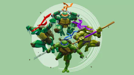 HD PC desktop wallpaper featuring the Teenage Mutant Ninja Turtles in dynamic action poses from the comic series, set against a minimalist green background.