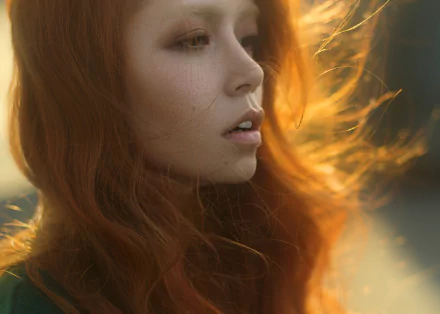 Sunlit close-up of a redhead model's face with brown eyes and flowing hair — HD PC desktop wallpaper background.