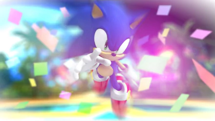 HD PC desktop wallpaper featuring Sonic the Hedgehog in vibrant colors, surrounded by confetti, capturing the dynamic energy of the video game.