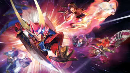 HD PC desktop wallpaper for the video game Samurai Warriors 4-II: vibrant action scene of armored samurai and allies charging through vivid streaks of light.