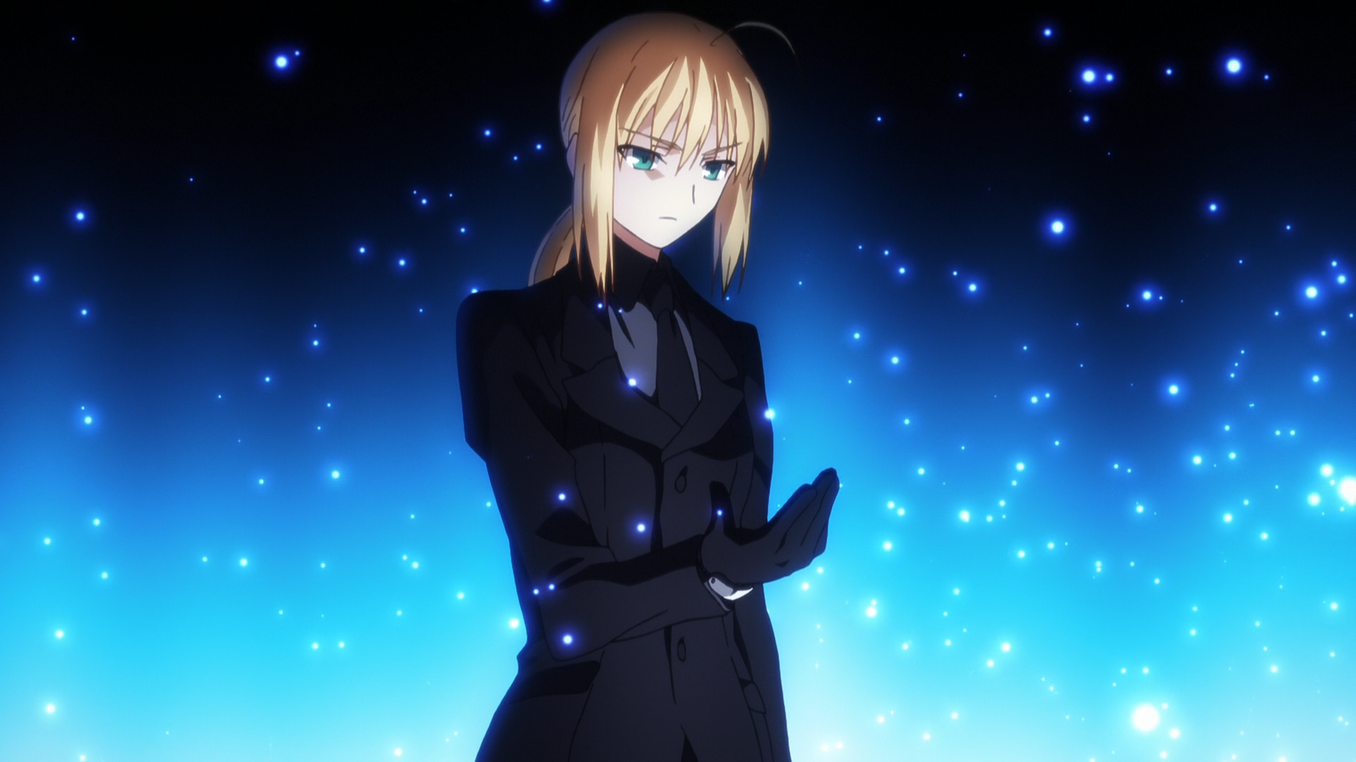 A digital art image of Saber from the Fate Series, featuring Artoria Pendragon with blonde short hair and green eyes, set against a starry blue background.