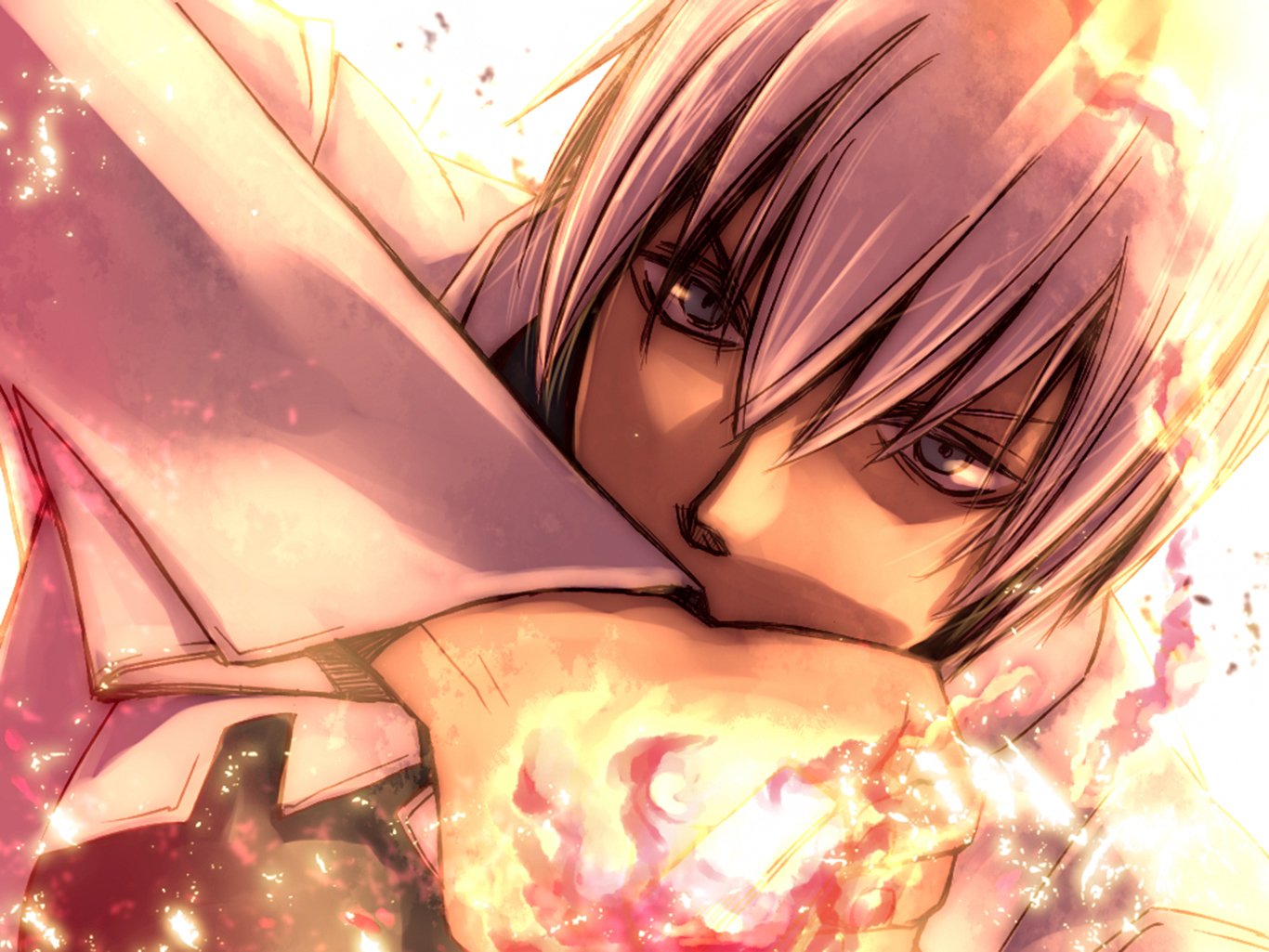 HD anime desktop wallpaper featuring Zapp Renfro from Blood Blockade Battlefront with intense gaze and fiery effects.