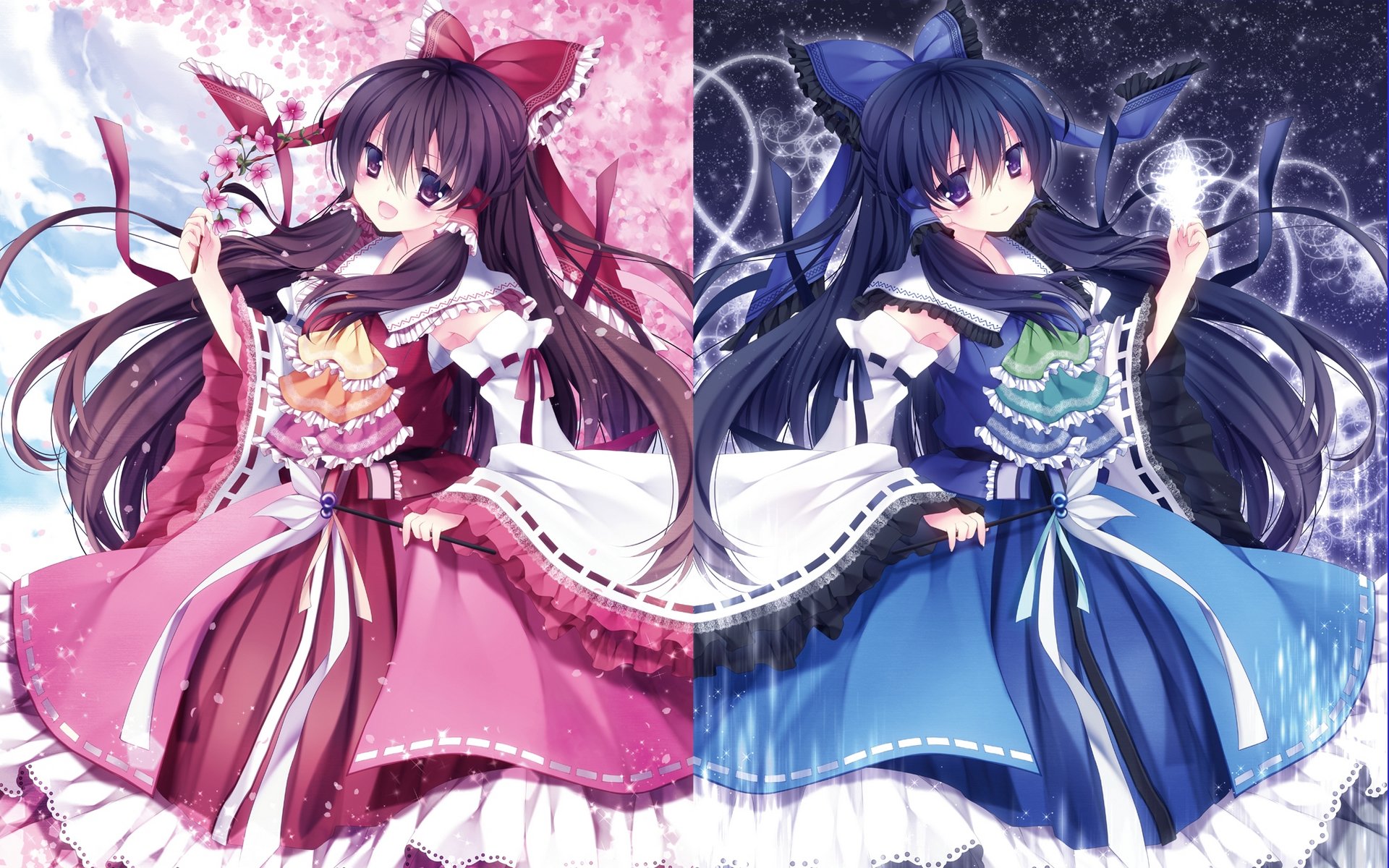 Download Blue Hair Brown Hair Ribbon Blue Dress Red Dress Cherry Blossom Long Hair Reimu Hakurei