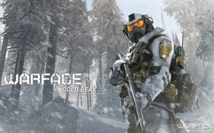 HD desktop wallpaper featuring Warface: Cold Peak video game setting with a soldier in winter gear standing in a snowy forest.