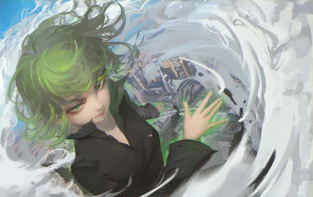 HD desktop wallpaper featuring Tatsumaki from One-Punch Man. She has short green hair and green eyes, surrounded by an aerial, cityscape background with dynamic swirling effects.