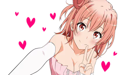 HD wallpaper featuring Yui Yuigahama from the anime My Teen Romantic Comedy SNAFU, playfully posing with a peace sign against a backdrop of pink hearts.
