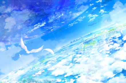 A breathtaking anime landscape featuring a vibrant sky and clouds with a bird soaring above. This HD desktop wallpaper combines elements of nature and fantasy beautifully.