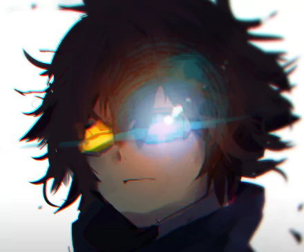 HD PC desktop wallpaper featuring Leonardo Watch from the anime Blood Blockade Battlefront, showcasing his glowing eyes and dark, tousled hair in a dramatic close-up.