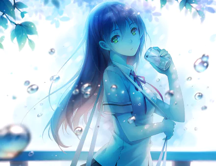A serene anime girl with long hair and green eyes holds a bottle, surrounded by blue water bubbles. She wears a school uniform, creating a calm and dreamy atmosphere.