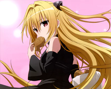 A stunning HD wallpaper featuring Golden Darkness from To Love-Ru, showcasing her long blonde hair and striking red eyes as she enjoys a snack against a soft pink background.