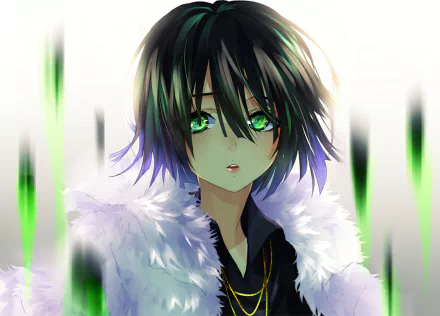 HD anime desktop wallpaper featuring Fubuki from One-Punch Man with striking green eyes, dark hair, and a white fur-trimmed outfit.