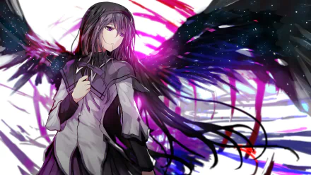 HD PC desktop wallpaper of Homura Akemi from the anime Puella Magi Madoka Magica, featuring her with dark wings and a striking purple and black color palette.