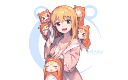 HD desktop wallpaper featuring Umaru Doma from Himouto! Umaru-chan. The anime character has long blonde hair, wearing a kimono, and is depicted in a chibi style with multiple smaller images of herself.
