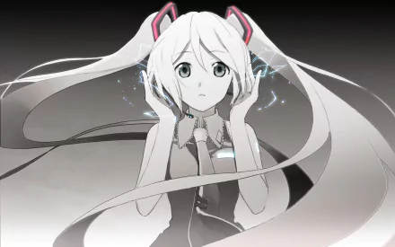 Hatsune Miku with grey eyes and long white twintails, wearing a skirt and tie, listens to music with headphones in this Black & White HD wallpaper.