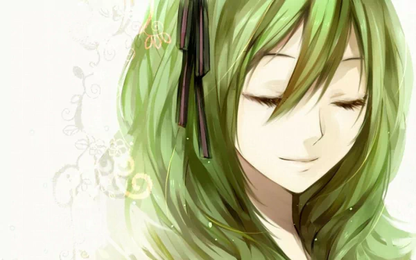 A cute anime illustration of GUMI from Vocaloid features her with vibrant green hair and a serene expression, making for a charming HD desktop wallpaper.