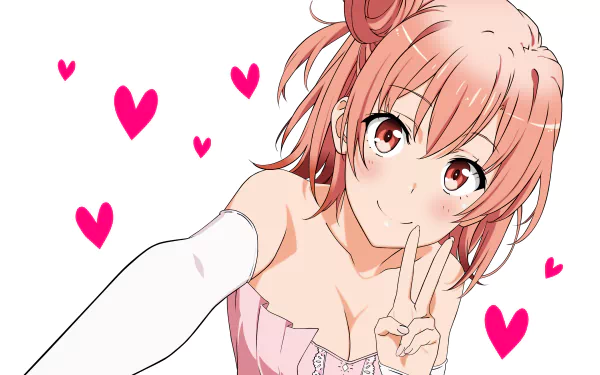 HD wallpaper featuring Yui Yuigahama from the anime My Teen Romantic Comedy SNAFU, playfully posing with a peace sign against a backdrop of pink hearts.