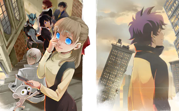 A vibrant HD wallpaper featuring characters from Blood Blockade Battlefront, including Zed O'Brien, Steven A. Starphase, and others, set against a dynamic urban backdrop.