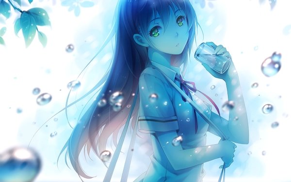 Anime Original School Uniform Blue Bubble Water Long Hair Green Eyes HD Wallpaper | Background Image