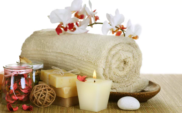 orchid candle petal soap towel man made spa HD Desktop Wallpaper | Background Image