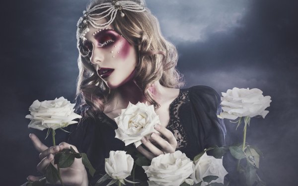 Women Mood Model Rose Flower Blonde Makeup Lipstick Jewelry HD Wallpaper | Background Image