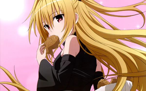 A stunning HD wallpaper featuring Golden Darkness from To Love-Ru, showcasing her long blonde hair and striking red eyes as she enjoys a snack against a soft pink background.